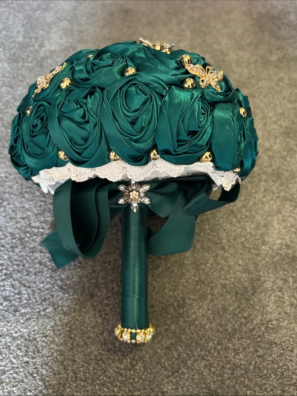 Emerald Satin Rose Bridal Bouquet with Gold Accents